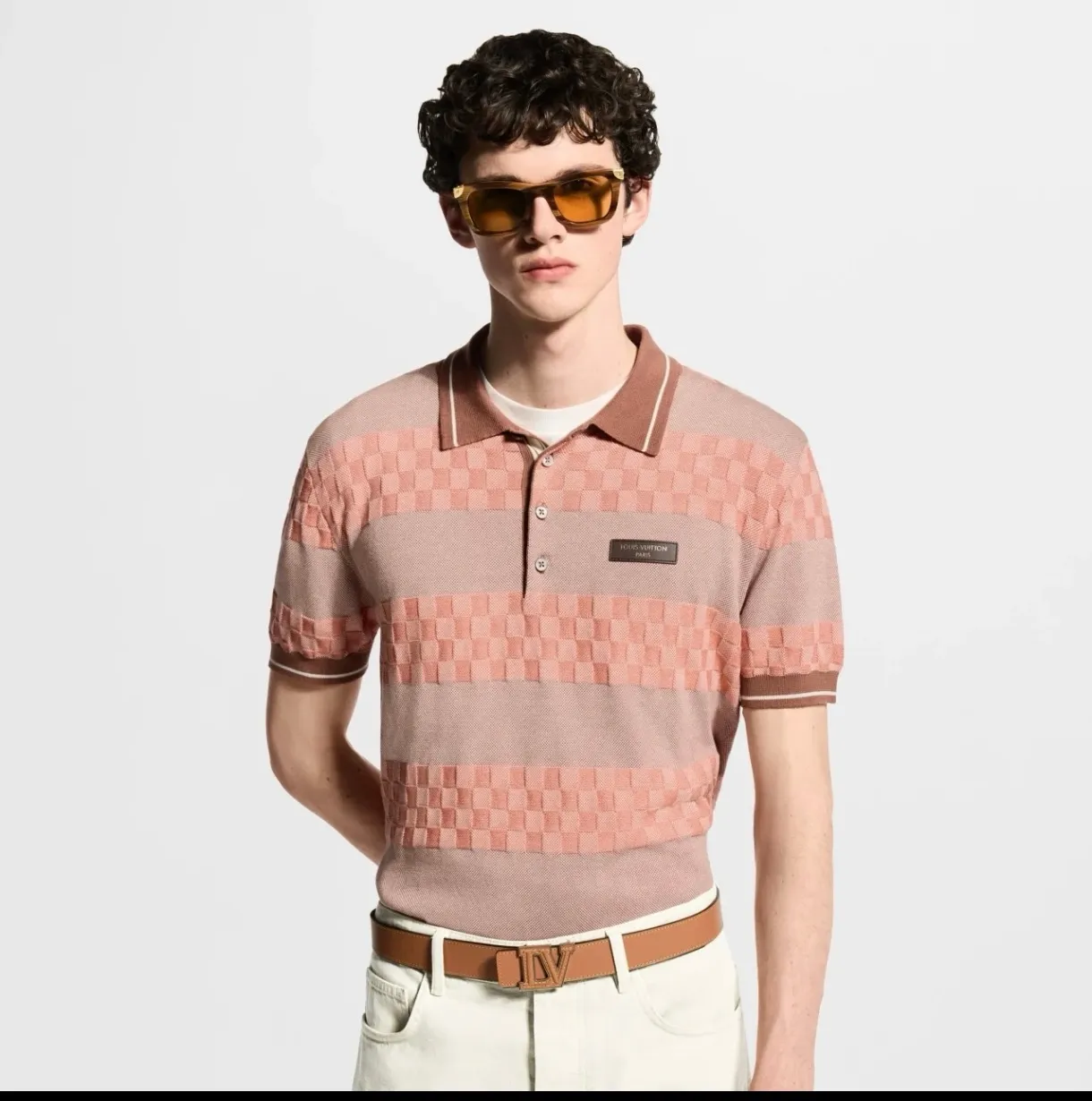 Louis Vuitton/Louis Vuitton 26ss leather striped checkerboard knitted Polo short sleeves